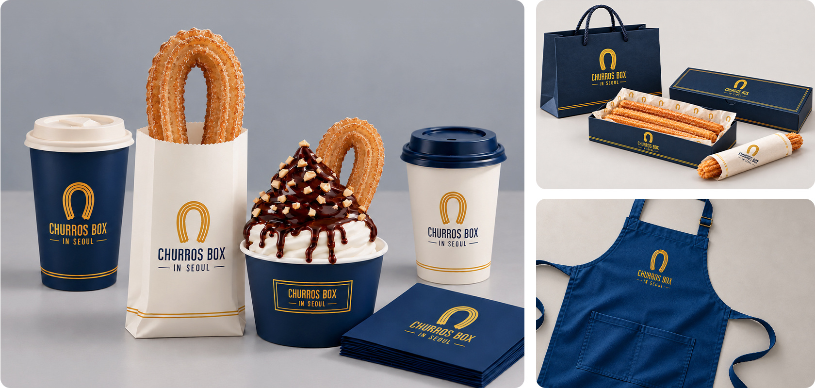 CHURROS BOX 컵, 패키지, 쇼핑백과 유니폼