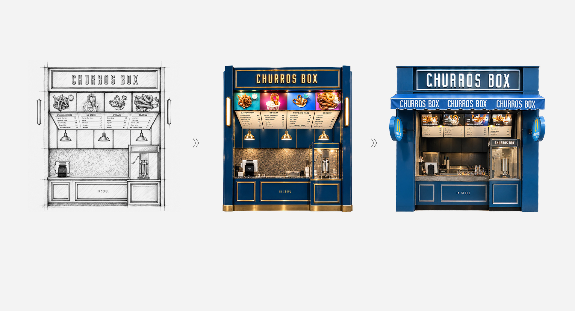 CHURROS BOX 매장 스케치, 렌더링과 현장 이미지