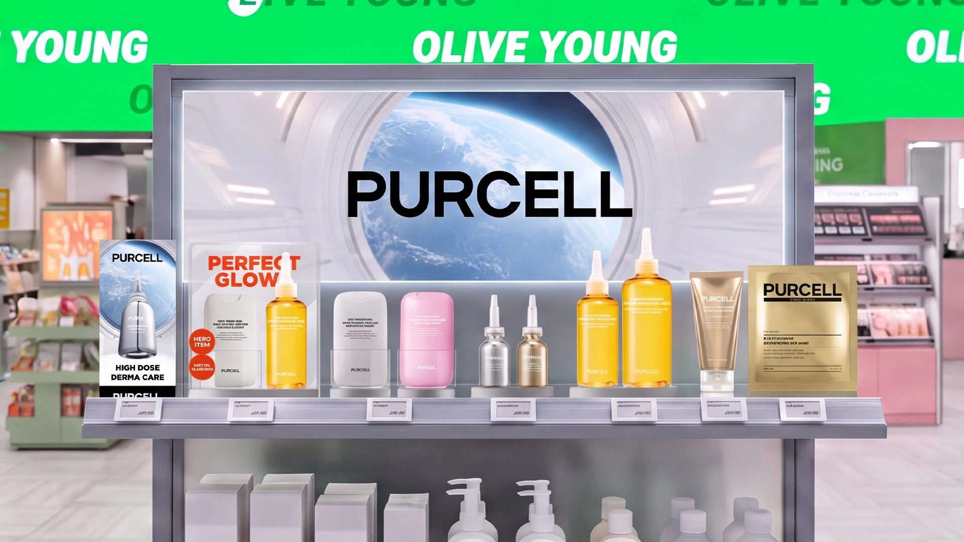 PURCELL — OLIVE YOUNG U.S. VMD DESIGN. 지구 관측창 키비주얼과 실버 프레임을 적용한 올리브영 매대